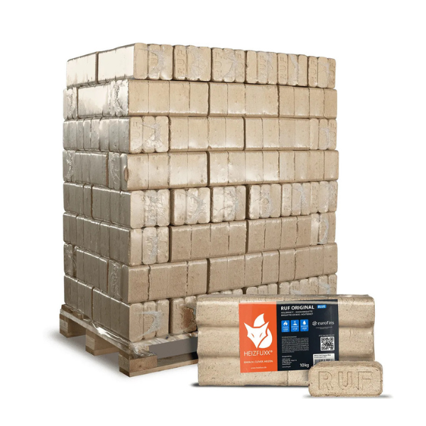 Heizfuxx Weichholzbriketts 960 kg – RUF-Form, 96 x 10 kg, DIN-zertifiziert, Palette